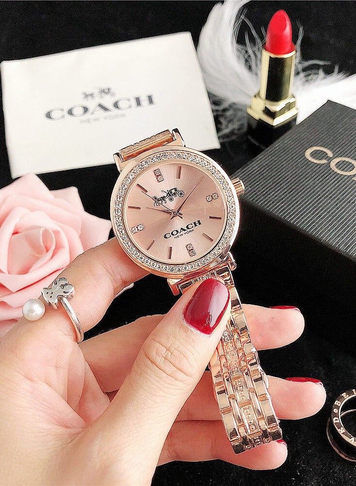 ساعة كوتش النسائية، لون ذهبي وردي، مرصعة بالكريستال، كوارتز